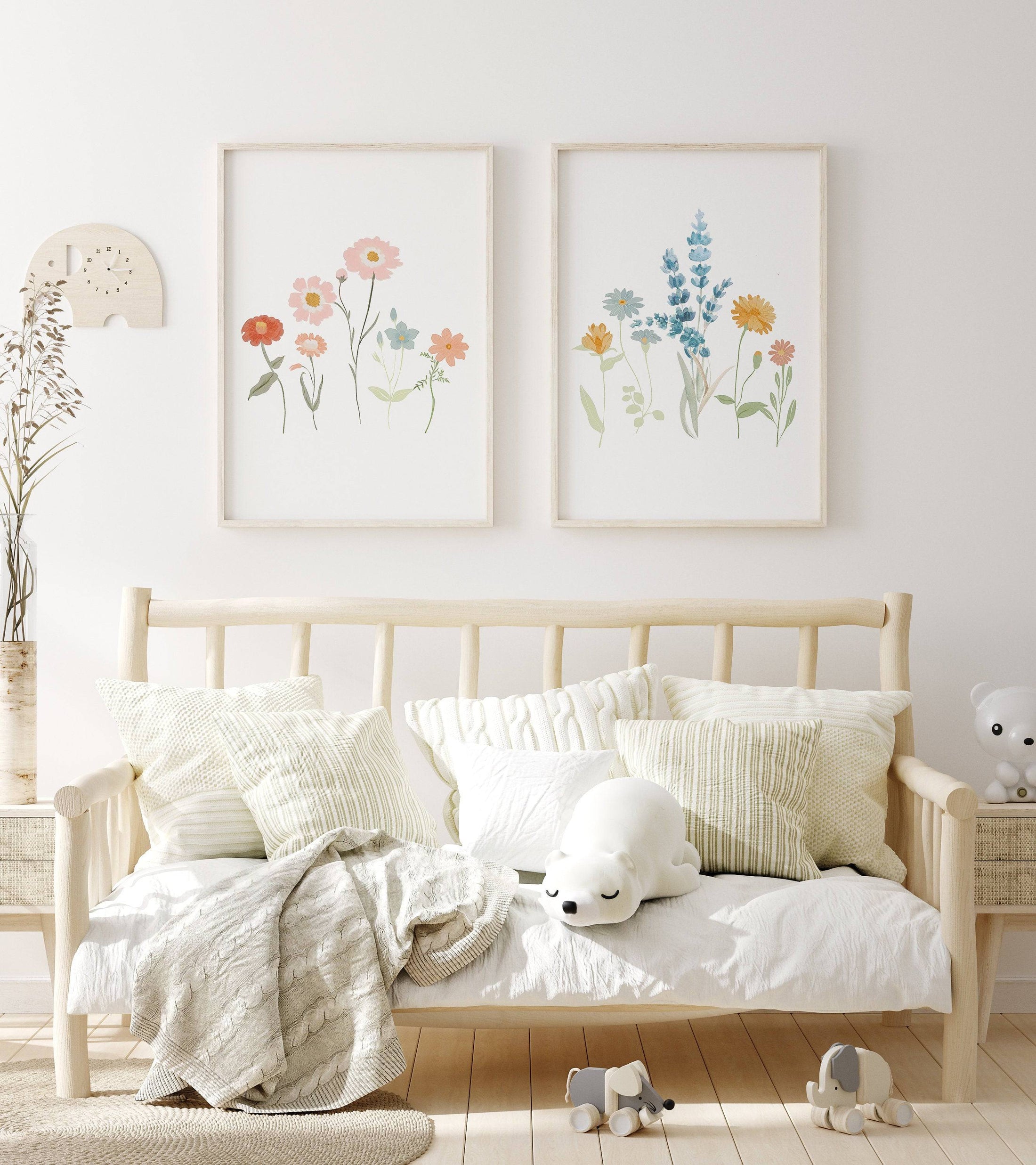 Flower Prints for Girls' Bedroom | Set of 2 | Wildflower Nursery Wall Art for Boho & Scandi Rooms - RoseRowanDesign
