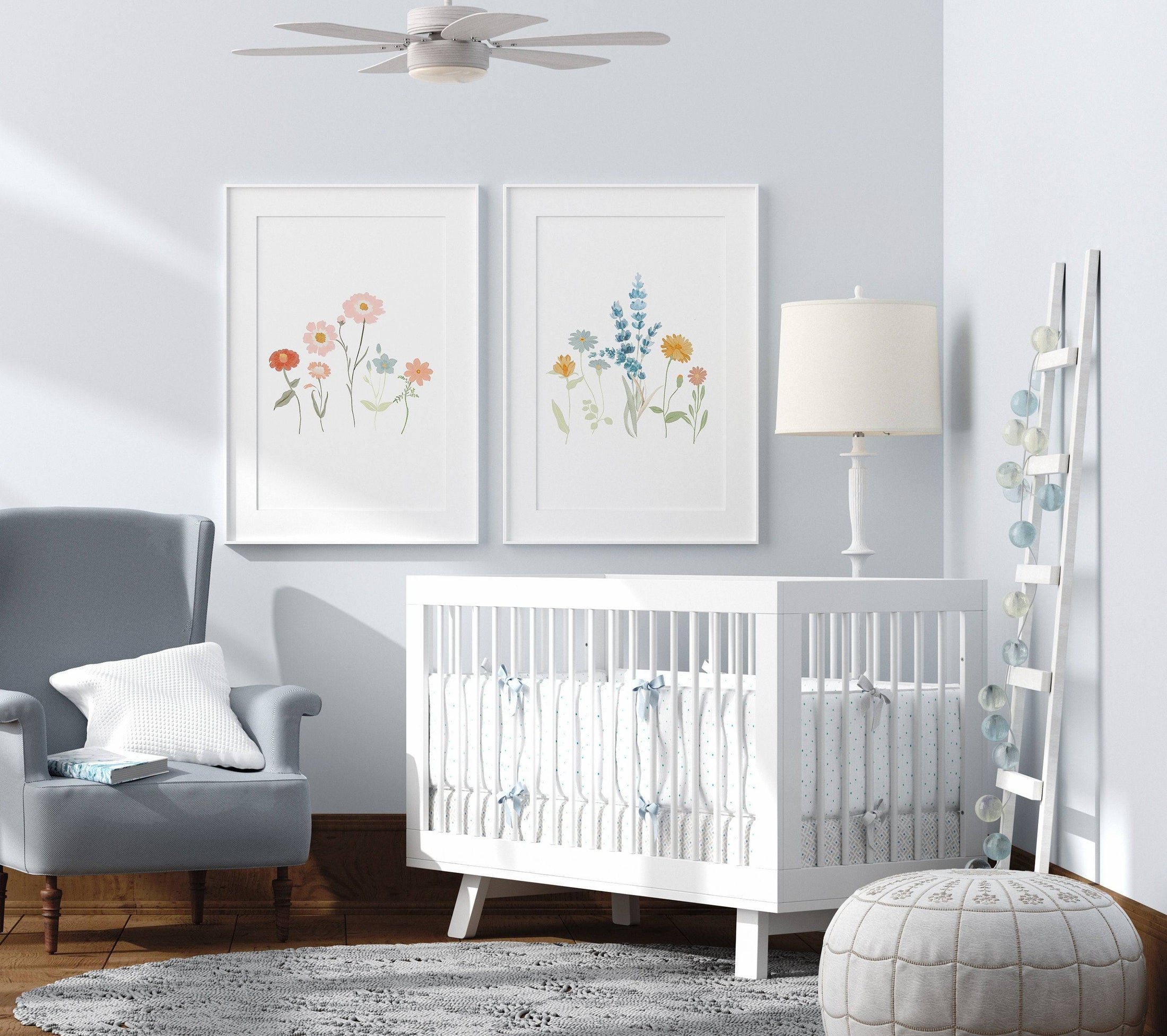 Flower Prints for Girls' Bedroom | Set of 2 | Wildflower Nursery Wall Art for Boho & Scandi Rooms - RoseRowanDesign
