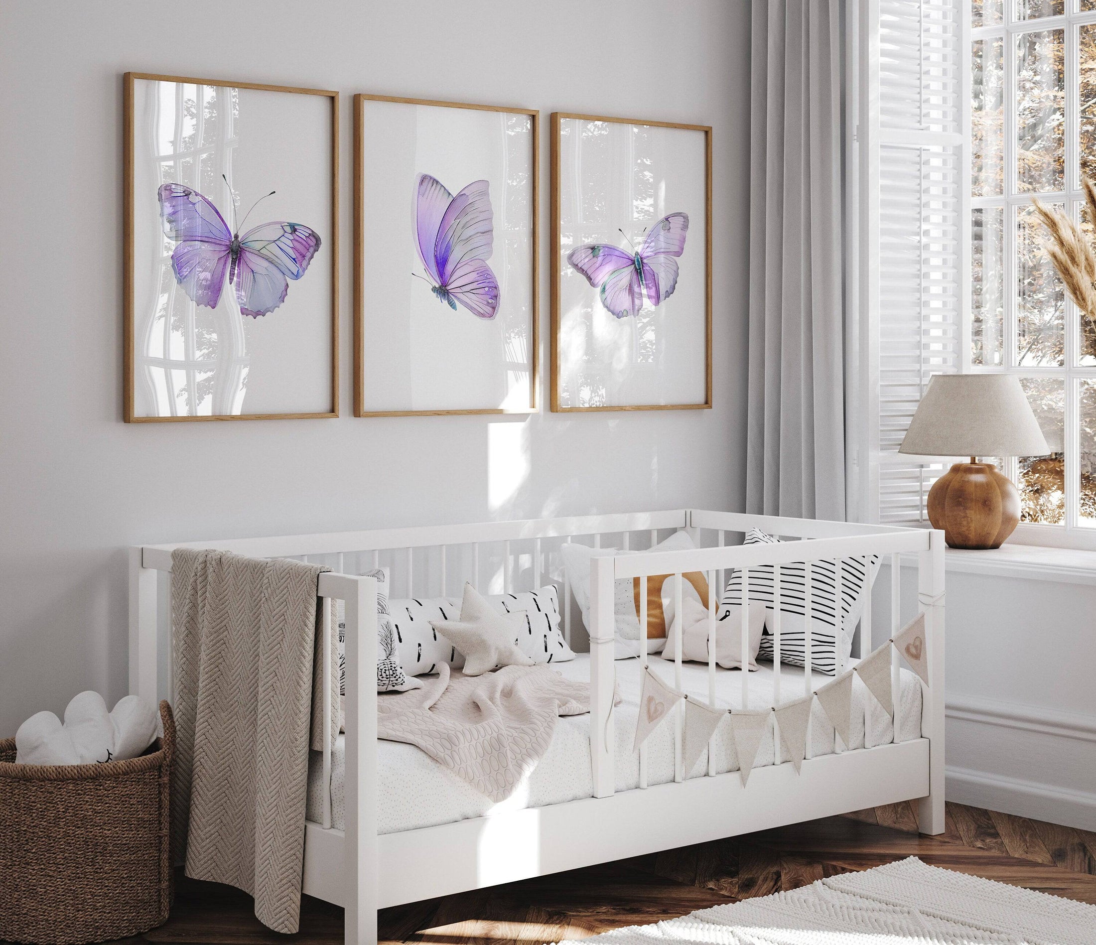 Purple Butterfly Nursery Wall Art | Set of 3 | Girly Bedroom Decor for Baby Girls' Room - RoseRowanDesign
