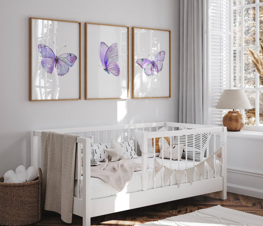 Purple Butterfly Nursery Wall Art | Set of 3 | Girly Bedroom Decor for Baby Girls' Room - RoseRowanDesign