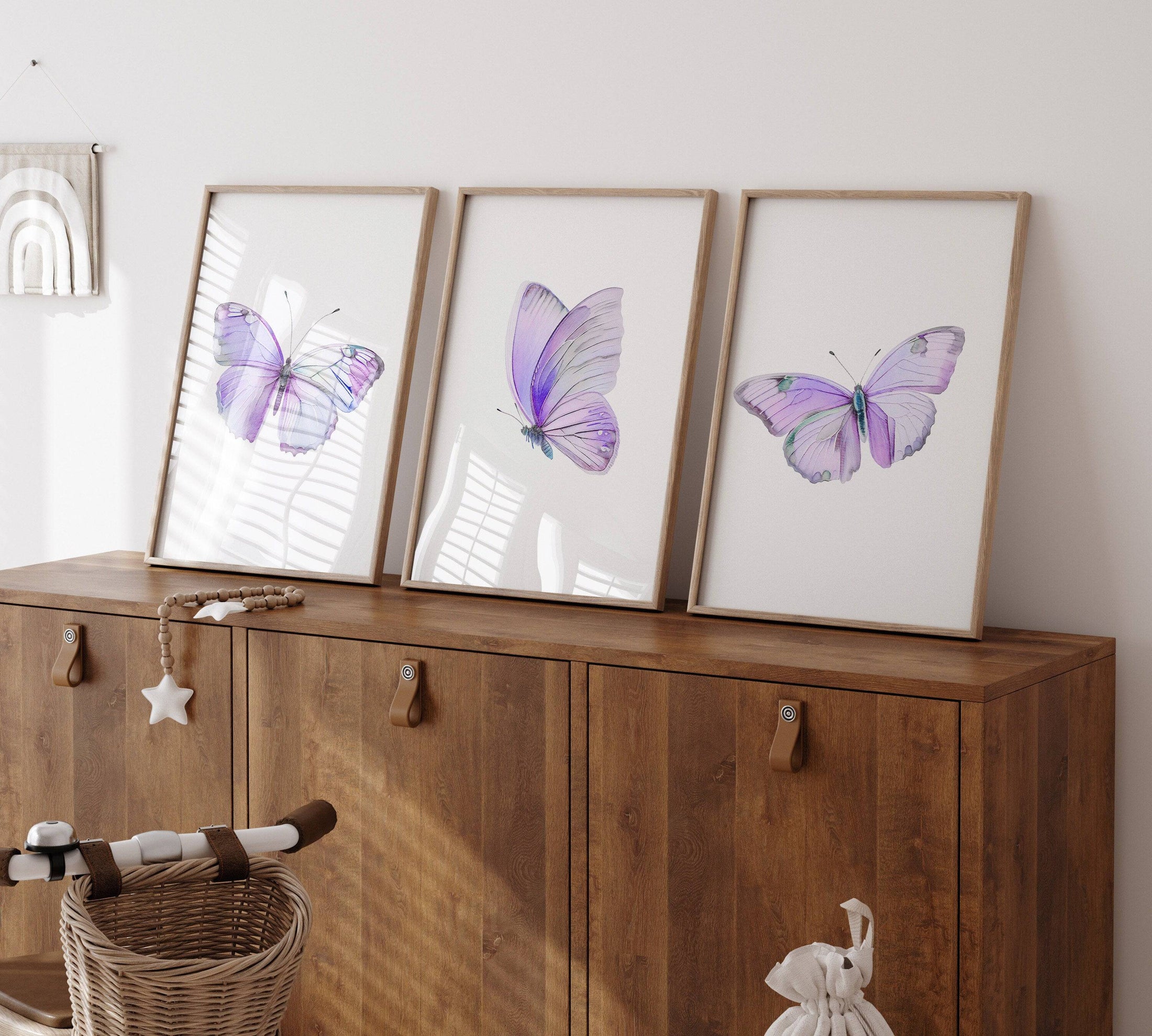 Purple Butterfly Nursery Wall Art | Set of 3 | Girly Bedroom Decor for Baby Girls' Room - RoseRowanDesign