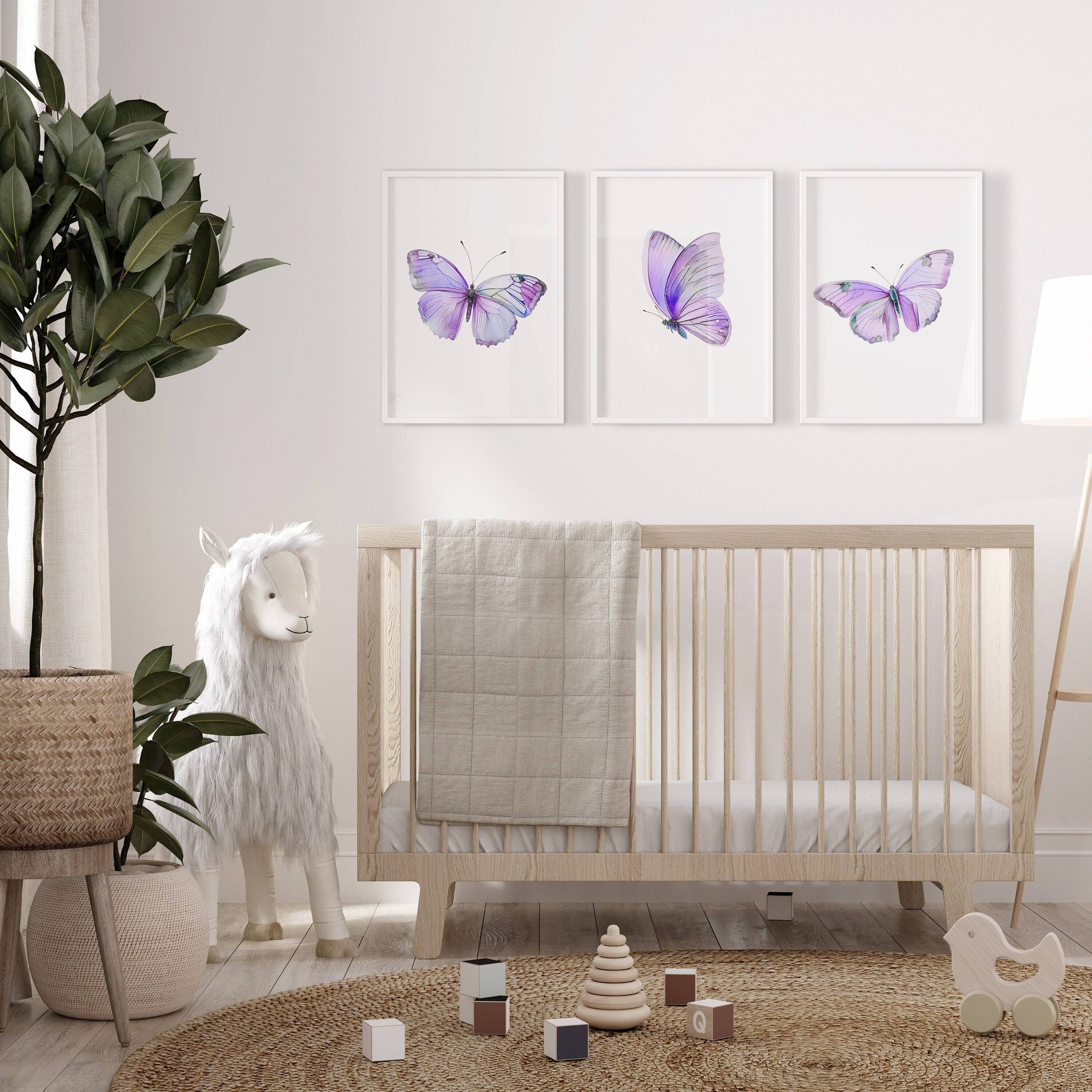 Purple Butterfly Nursery Wall Art | Set of 3 | Girly Bedroom Decor for Baby Girls' Room - RoseRowanDesign