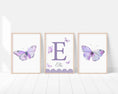 Load image into Gallery viewer, Purple Butterfly Personalised Nursery Prints | Set of 3 | Wall Art for Baby Girls' Room - RoseRowanDesign
