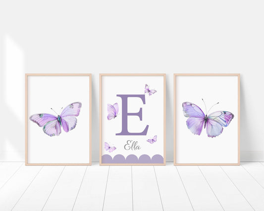 Purple Butterfly Personalised Nursery Prints | Set of 3 | Wall Art for Baby Girls' Room - RoseRowanDesign