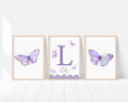 Load image into Gallery viewer, Purple Butterfly Personalised Nursery Prints | Set of 3 | Wall Art for Baby Girls' Room - RoseRowanDesign
