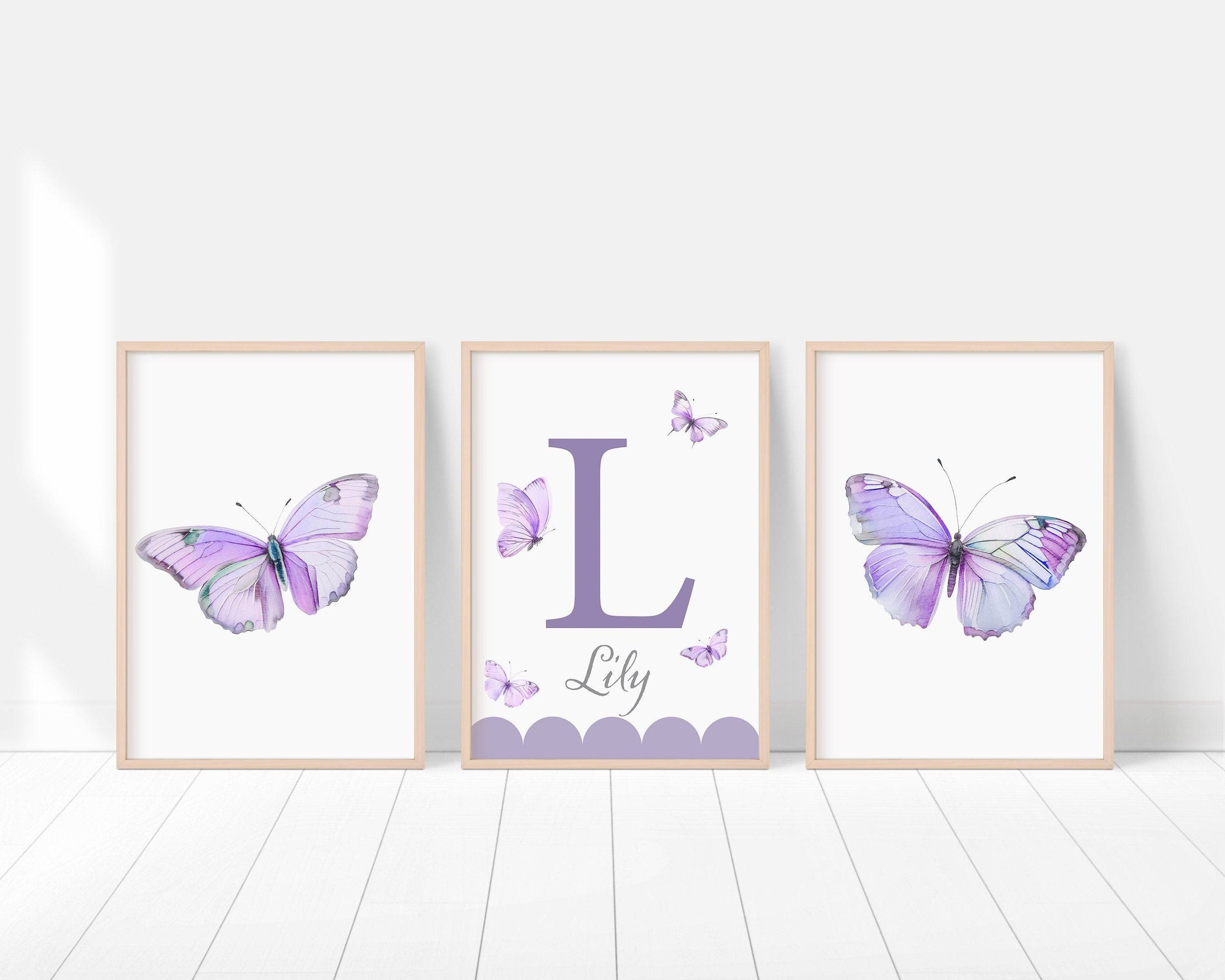 Purple Butterfly Personalised Nursery Prints | Set of 3 | Wall Art for Baby Girls' Room - RoseRowanDesign