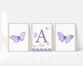 Load image into Gallery viewer, Purple Butterfly Personalised Nursery Prints | Set of 3 | Wall Art for Baby Girls' Room - RoseRowanDesign
