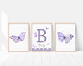 Load image into Gallery viewer, Purple Butterfly Personalised Nursery Prints | Set of 3 | Wall Art for Baby Girls' Room - RoseRowanDesign
