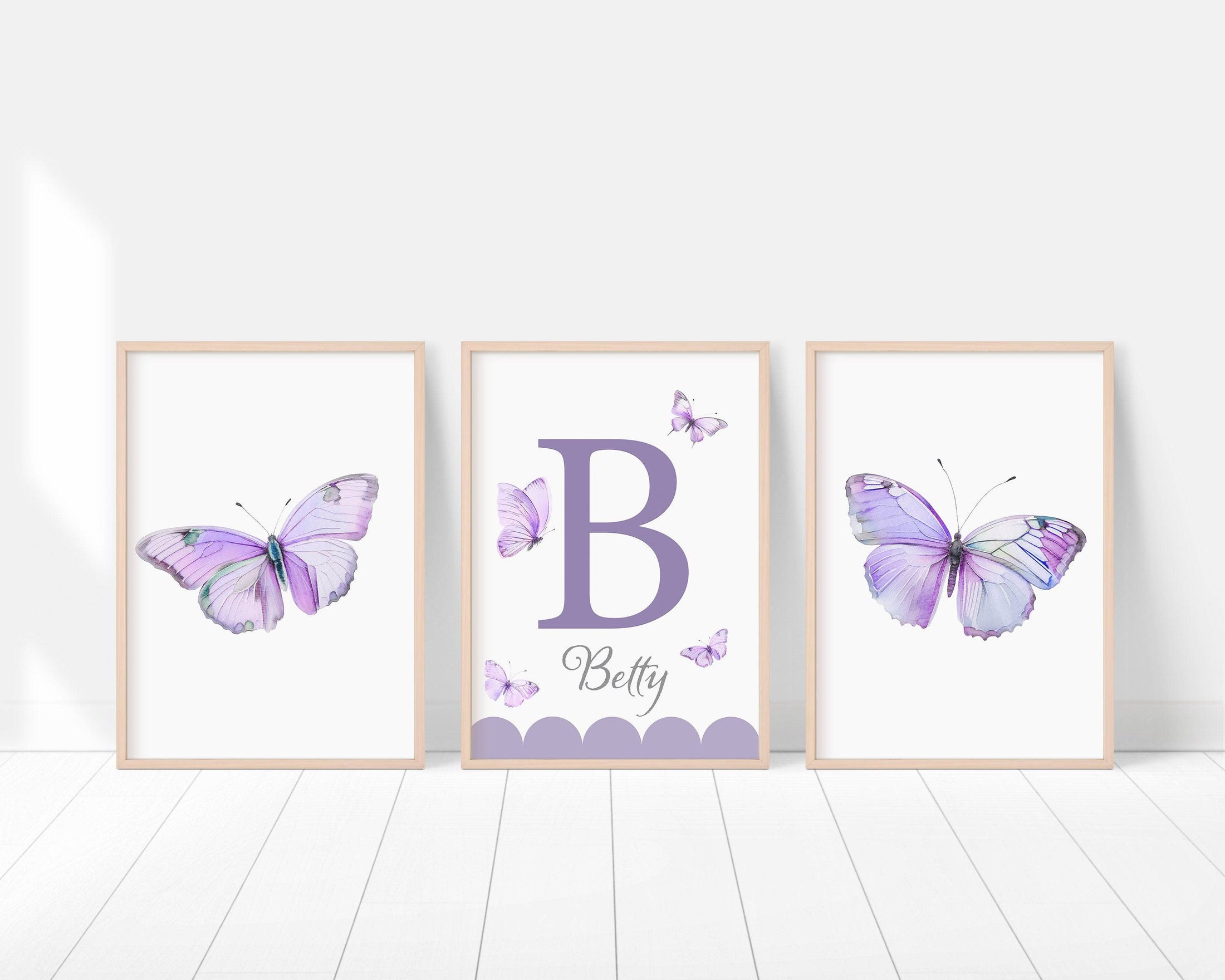 Purple Butterfly Personalised Nursery Prints | Set of 3 | Wall Art for Baby Girls' Room - RoseRowanDesign