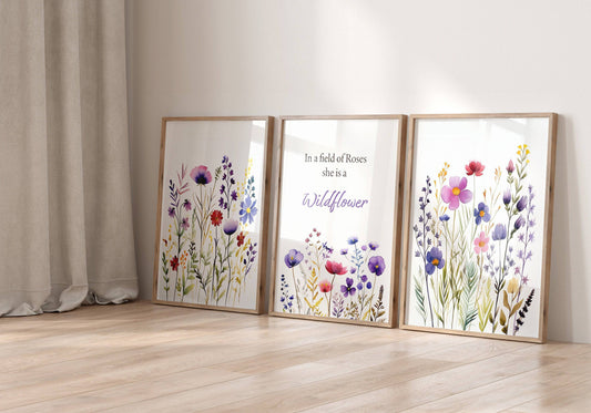 Purple Wildflower Nursery Prints | Set of 3 | Floral Decor for Baby Girls' Room - RoseRowanDesign