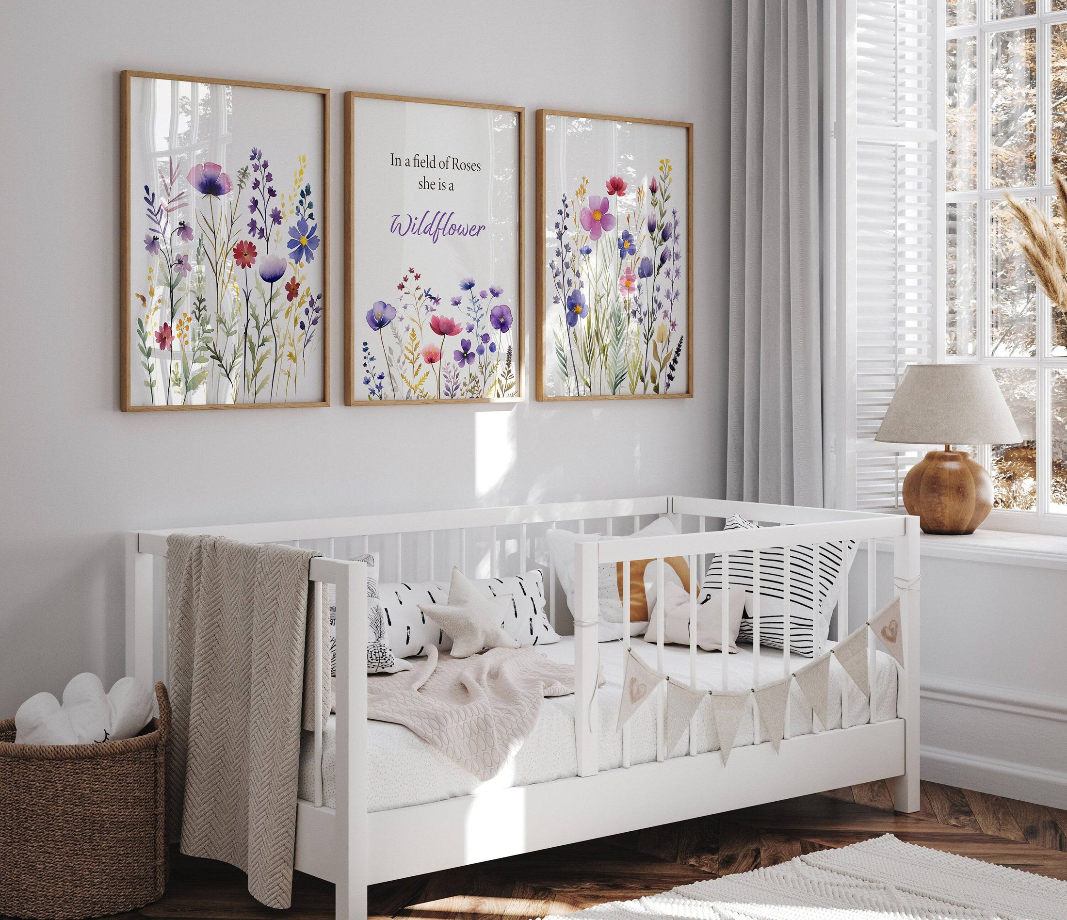 Purple Wildflower Nursery Prints | Set of 3 | Floral Decor for Baby Girls' Room - RoseRowanDesign