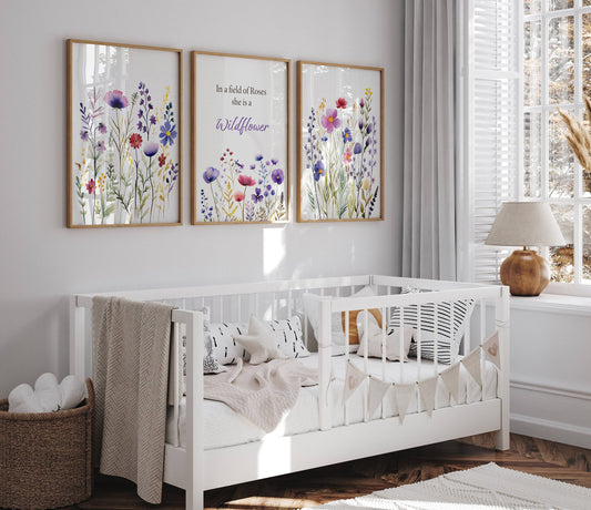 Purple Wildflower Nursery Prints | Set of 3 | Floral Decor for Baby Girls' Room - RoseRowanDesign