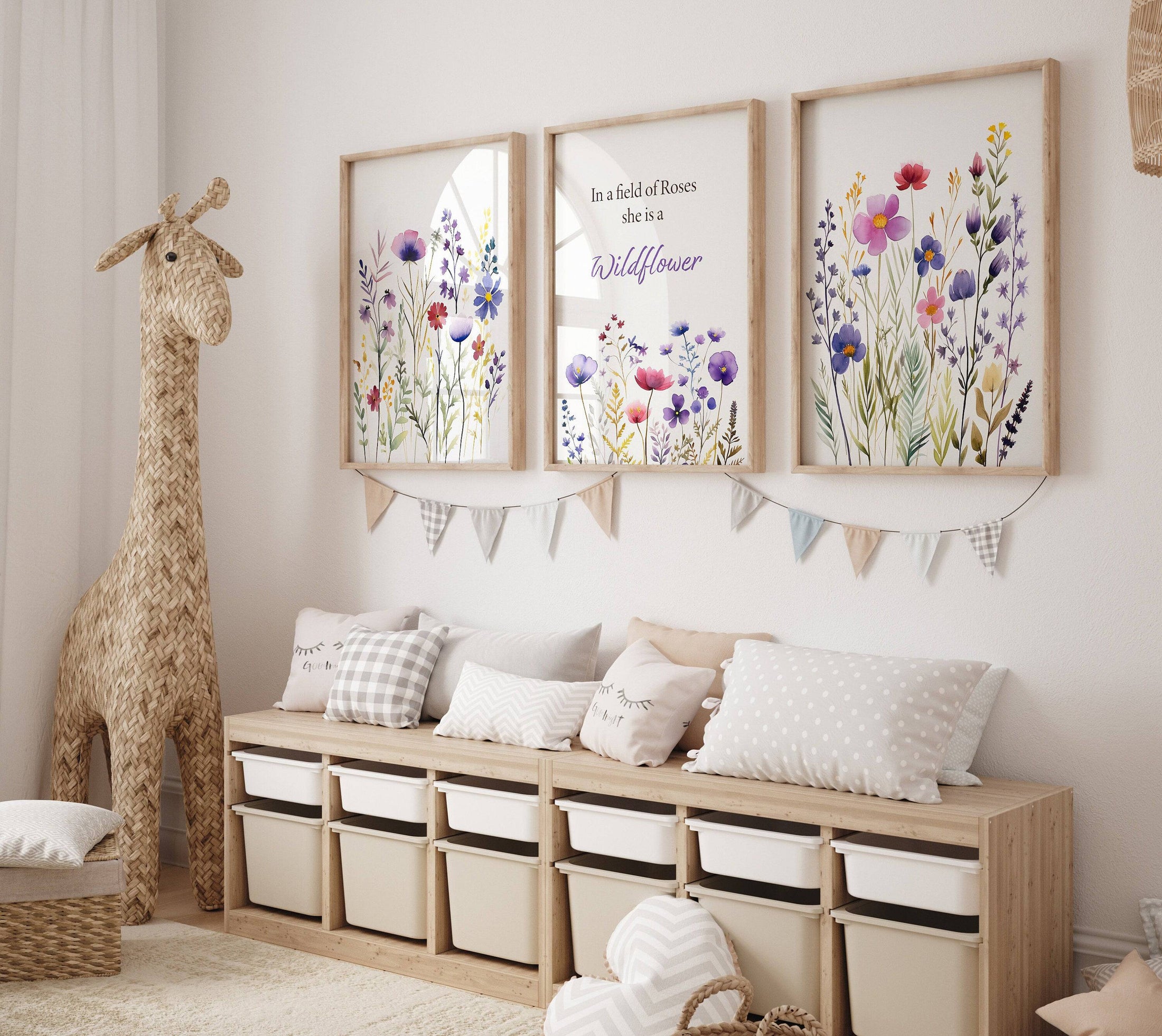 Purple Wildflower Nursery Prints | Set of 3 | Floral Decor for Baby Girls' Room - RoseRowanDesign