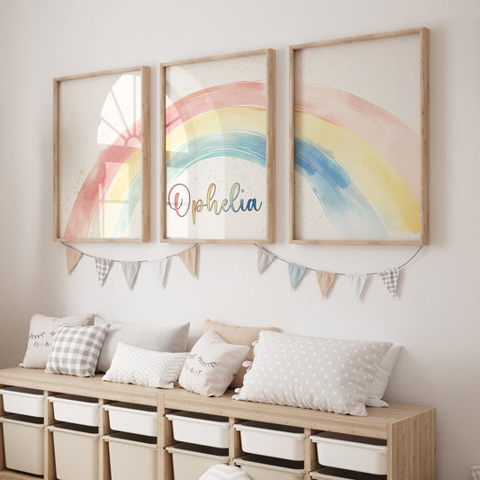 Rainbow Nursery Prints | Set of 3 | Personalised Wall Art for childs' Room - RoseRowanDesign