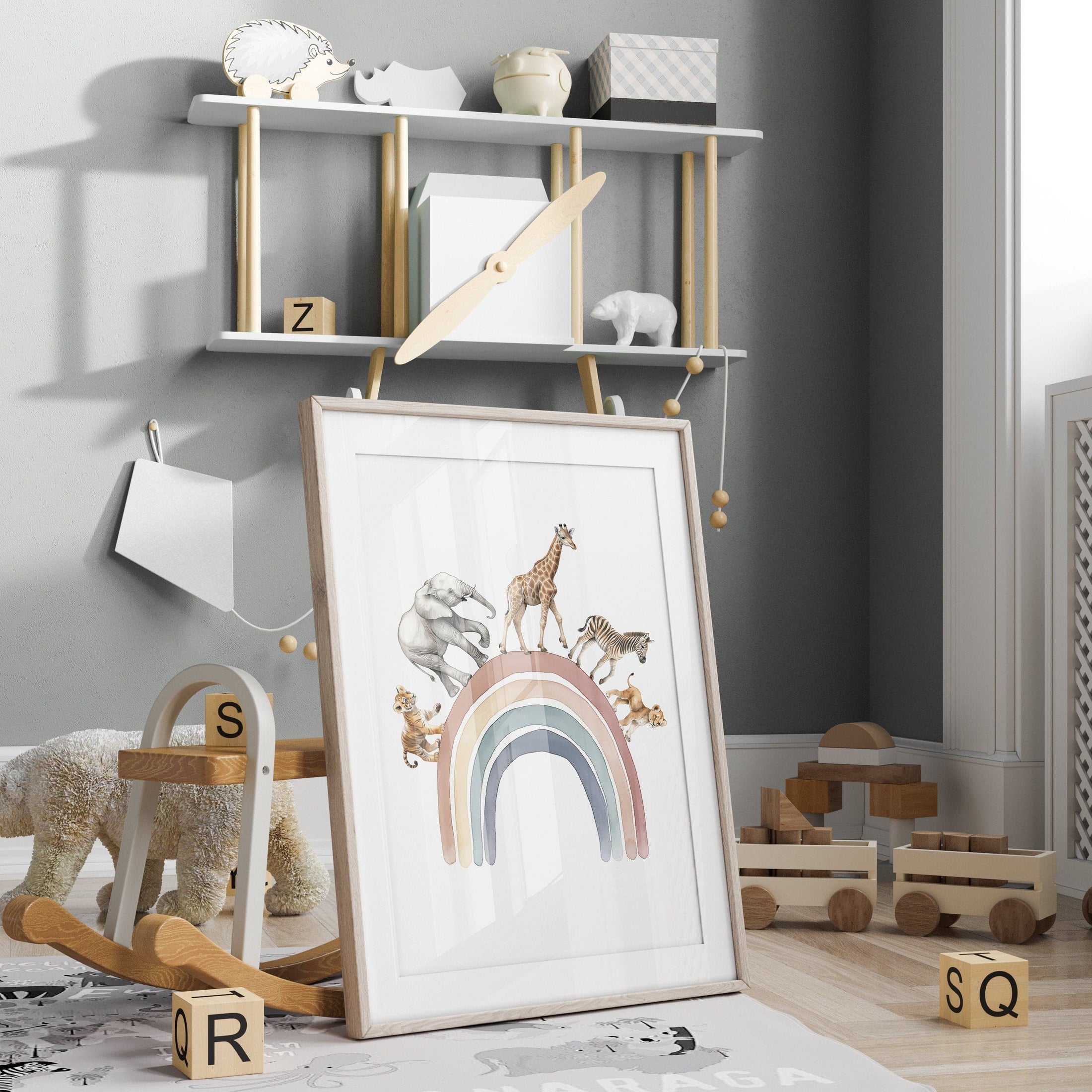 Safari Animal Balloon Nursery Prints | Set of 2 | Neutral Rainbow Wall Art for Baby's Room - RoseRowanDesign