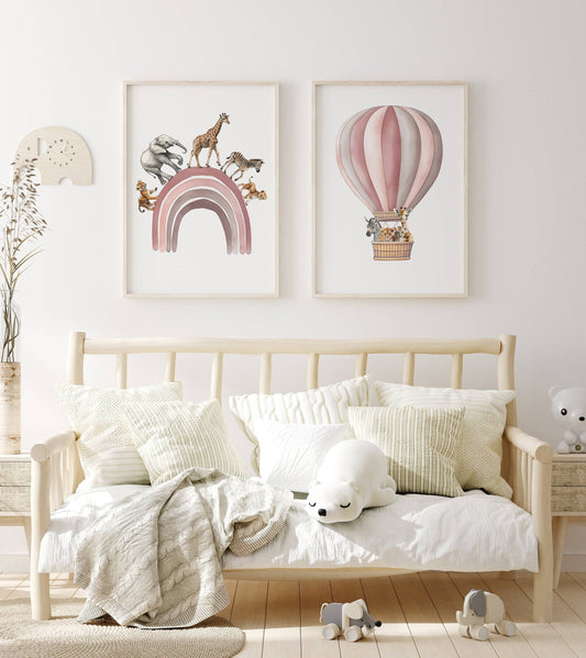 Safari Animal Balloon Nursery Prints | Set of 2 | Pink Rainbow Wall Art for Baby Girl's Room - RoseRowanDesign