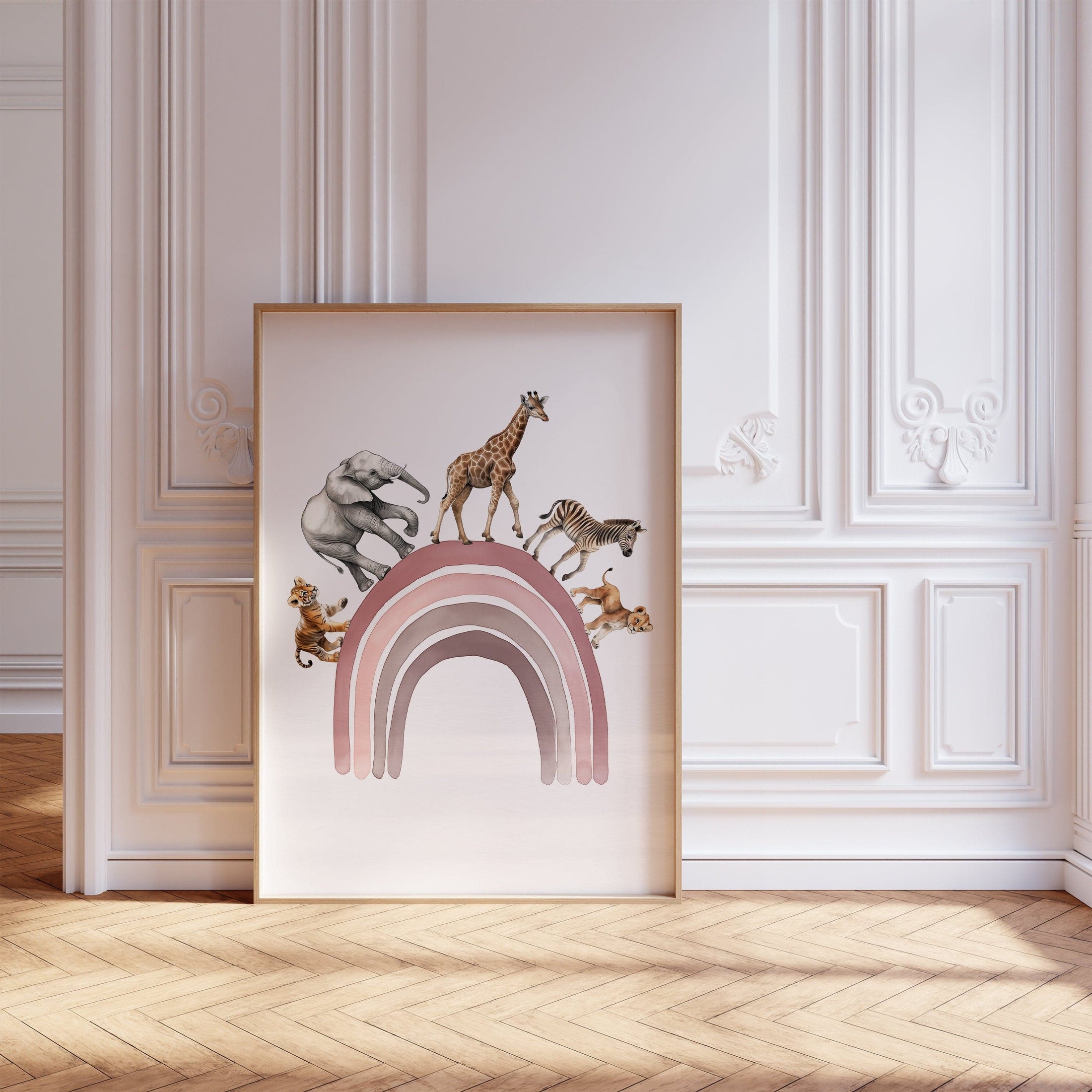 Safari Animal Balloon Nursery Prints | Set of 2 | Pink Rainbow Wall Art for Baby Girl's Room - RoseRowanDesign
