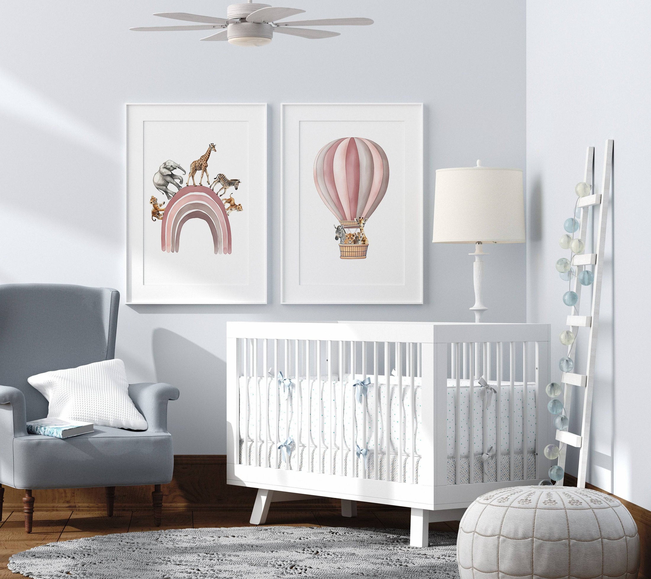 Safari Animal Balloon Nursery Prints | Set of 2 | Pink Rainbow Wall Art for Baby Girl's Room - RoseRowanDesign
