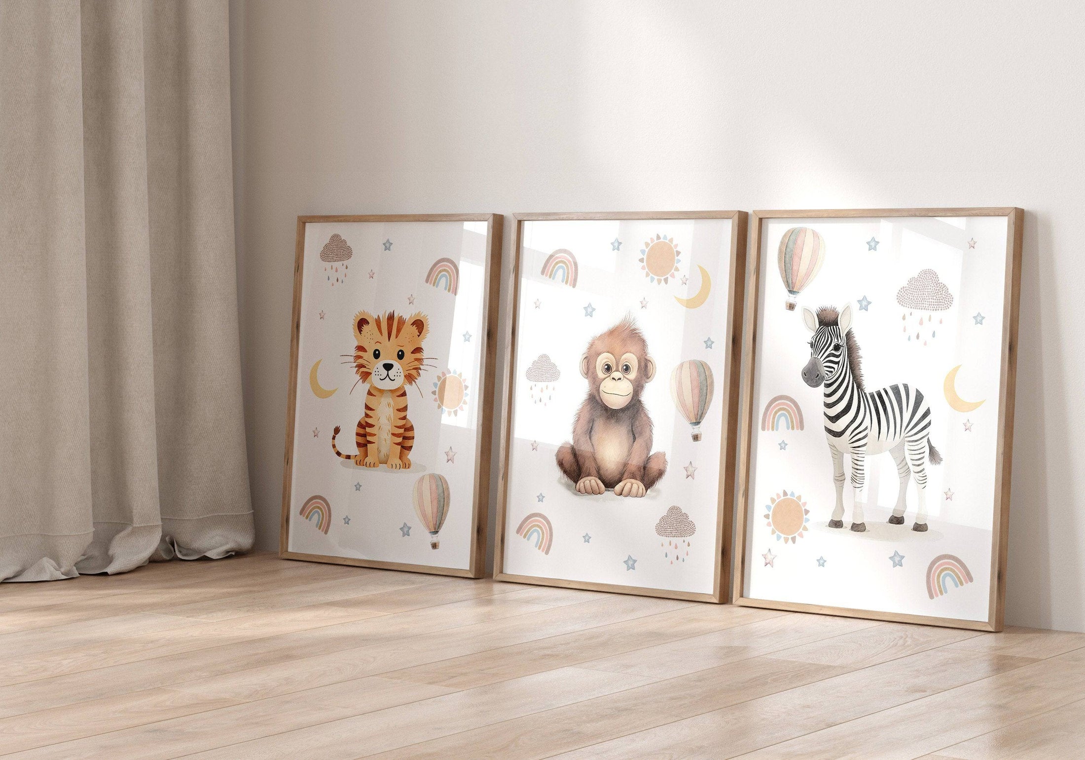 Safari Animal Boho Nursery Prints | Set of 3 | Unisex Wall Art for Baby's Room - RoseRowanDesign