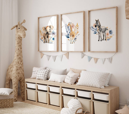 Safari Animal Boho Nursery Prints | Set of 3 | Wildflower Wall Art for Baby's Room - RoseRowanDesign