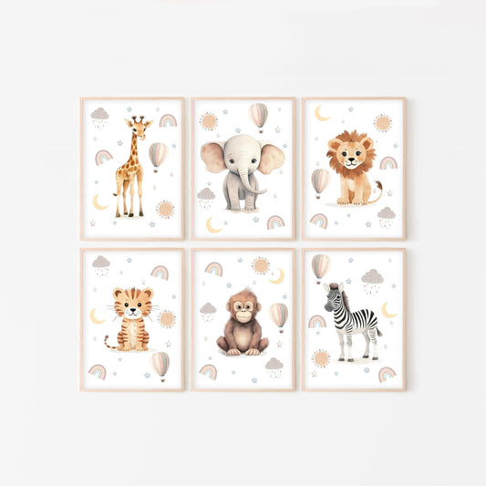 Safari Animal Boho Nursery Prints | Set of 6 | Neutral Wall Art for Baby's Room - RoseRowanDesign