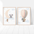Load image into Gallery viewer, Safari Animal Hot Air Balloon Nursery Prints | Set of 2 | Neutral Moon and Stars Wall Art for Baby's Room - RoseRowanDesign
