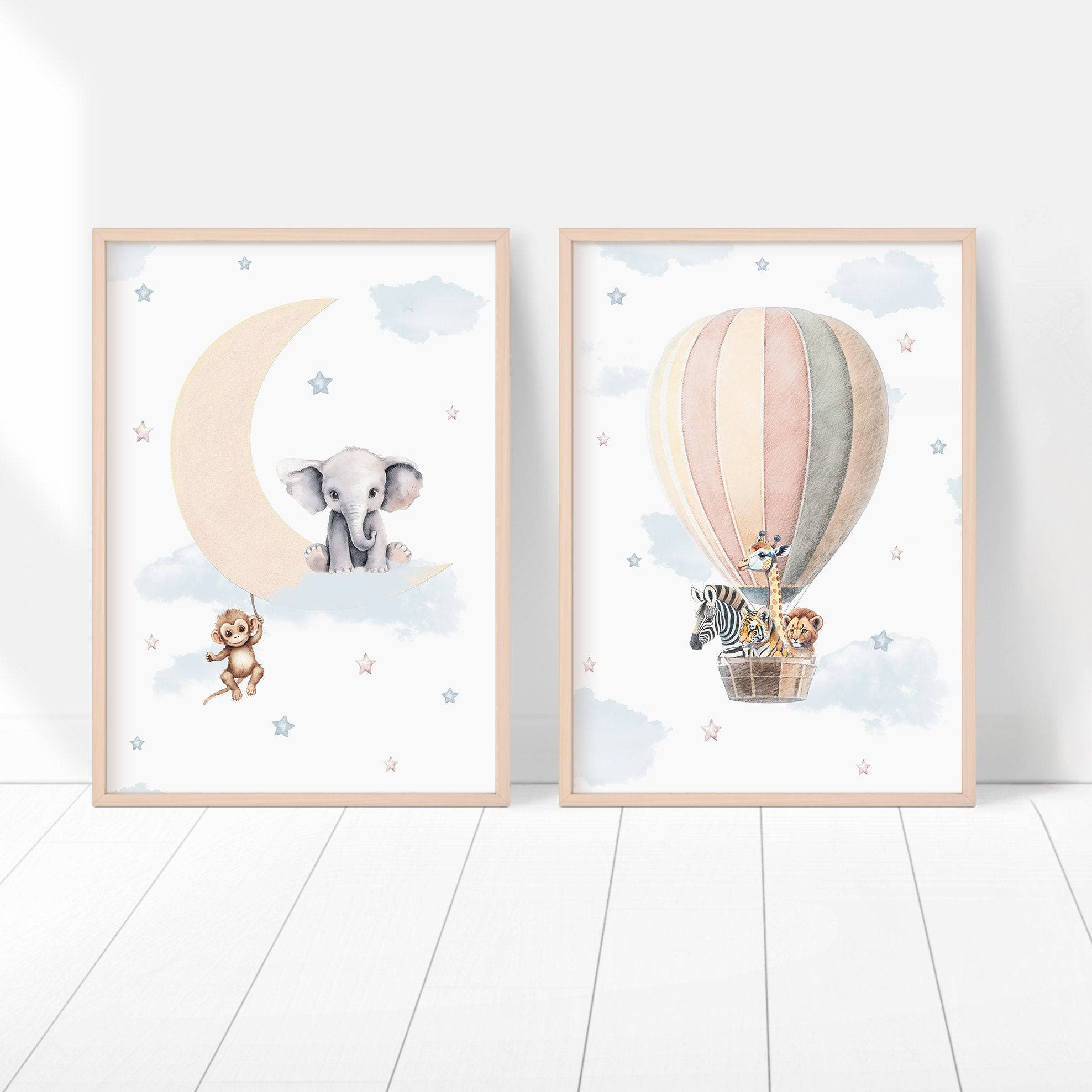 Safari Animal Hot Air Balloon Nursery Prints | Set of 2 | Neutral Moon and Stars Wall Art for Baby's Room - RoseRowanDesign