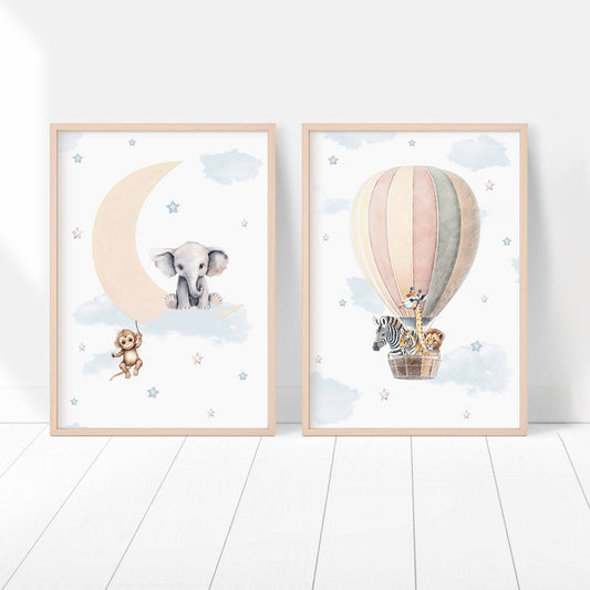Safari Animal Hot Air Balloon Nursery Prints | Set of 2 | Neutral Moon and Stars Wall Art for Baby's Room - RoseRowanDesign