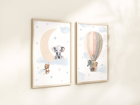 Safari Animal Hot Air Balloon Nursery Prints | Set of 2 | Neutral Moon and Stars Wall Art for Baby's Room - RoseRowanDesign