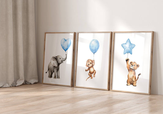Safari Animal Nursery Prints | Set of 3 | Blue Balloon Wall Art for Baby Boy's Bedroom - RoseRowanDesign