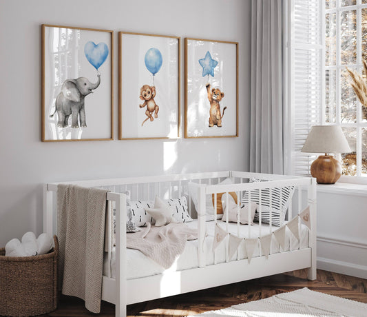 Safari Animal Nursery Prints | Set of 3 | Blue Balloon Wall Art for Baby Boy's Bedroom - RoseRowanDesign