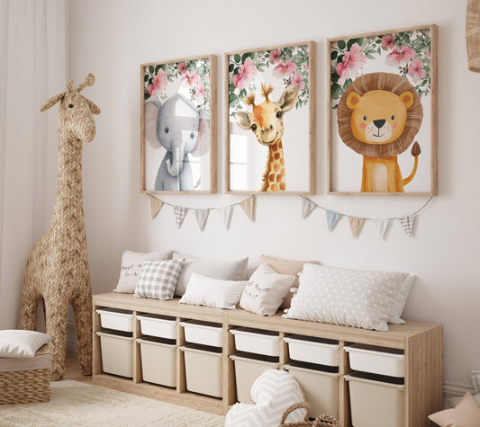 Safari Animal Nursery Prints | Set of 3 | Jungle Decor for Girls' Bedroom or Nursery - RoseRowanDesign