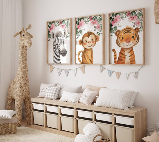 Safari Animal Nursery Prints | Set of 3 | Jungle Decor for Girls' Bedroom or Nursery - RoseRowanDesign