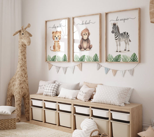 Safari Animal Nursery Prints | Set of 3 | Jungle Theme Wall Art for Babies' Room - RoseRowanDesign