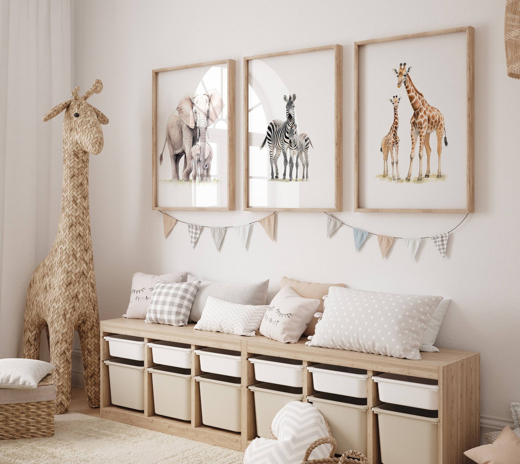 Safari Animal Nursery Prints | Set of 3 | Neutral Wall Art for Baby's Room - RoseRowanDesign