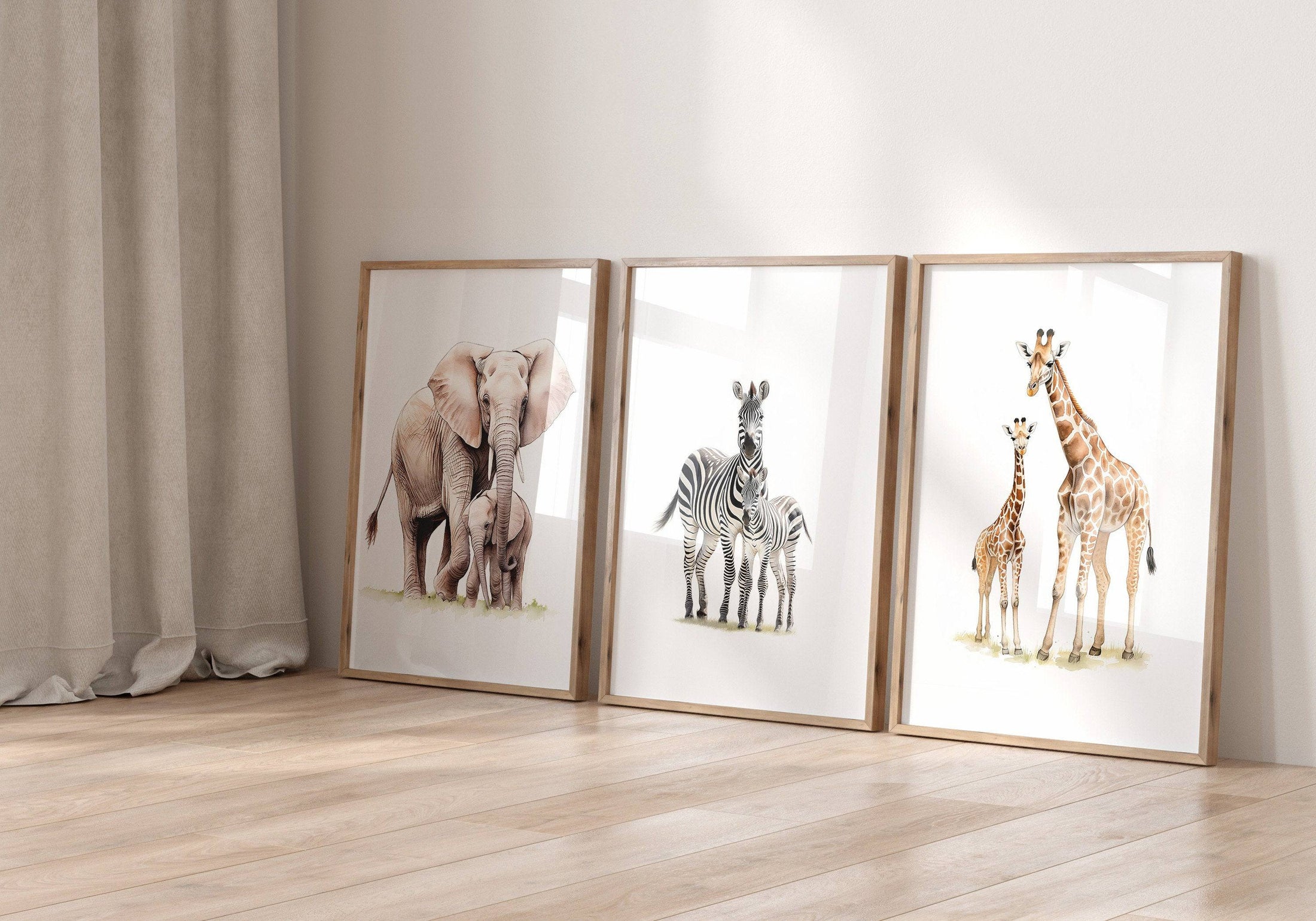 Safari Animal Nursery Prints | Set of 3 | Neutral Wall Art for Baby's Room - RoseRowanDesign