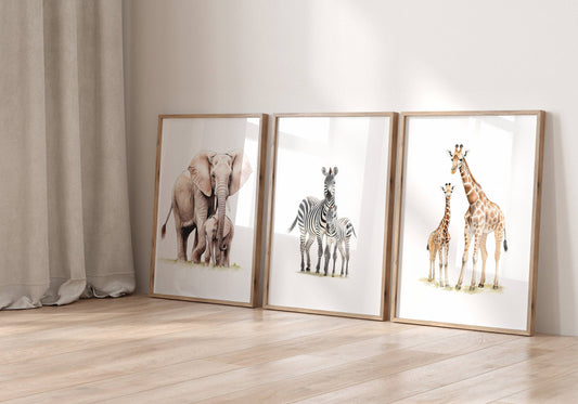 Safari Animal Nursery Prints | Set of 3 | Neutral Wall Art for Baby's Room - RoseRowanDesign