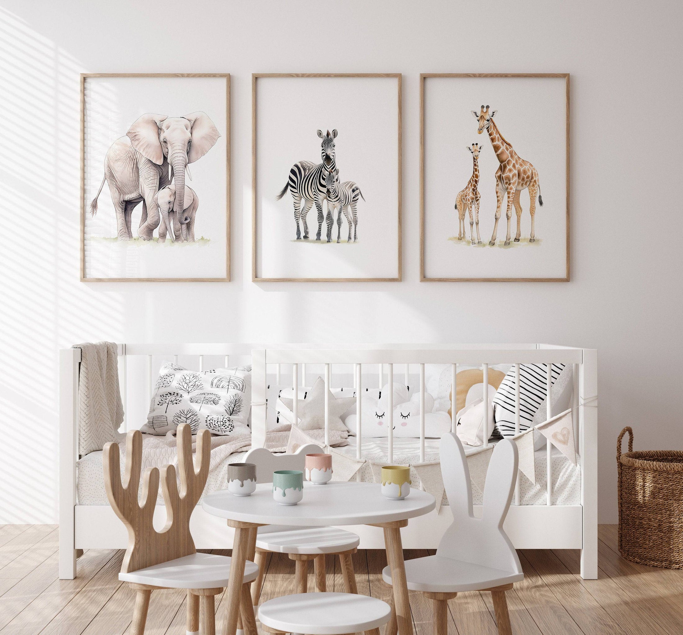 Safari Animal Nursery Prints | Set of 3 | Neutral Wall Art for Baby's Room - RoseRowanDesign