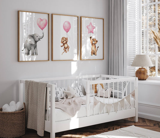 Safari Animal Nursery Prints | Set of 3 | Pink Balloon Wall Art for Baby Girl's Bedroom - RoseRowanDesign