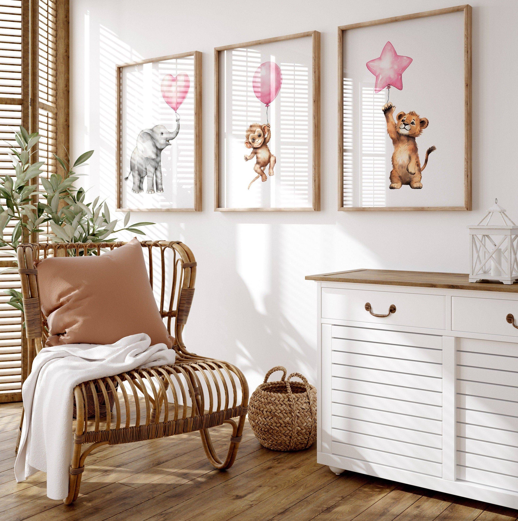 Safari Animal Nursery Prints | Set of 3 | Pink Balloon Wall Art for Baby Girl's Bedroom - RoseRowanDesign
