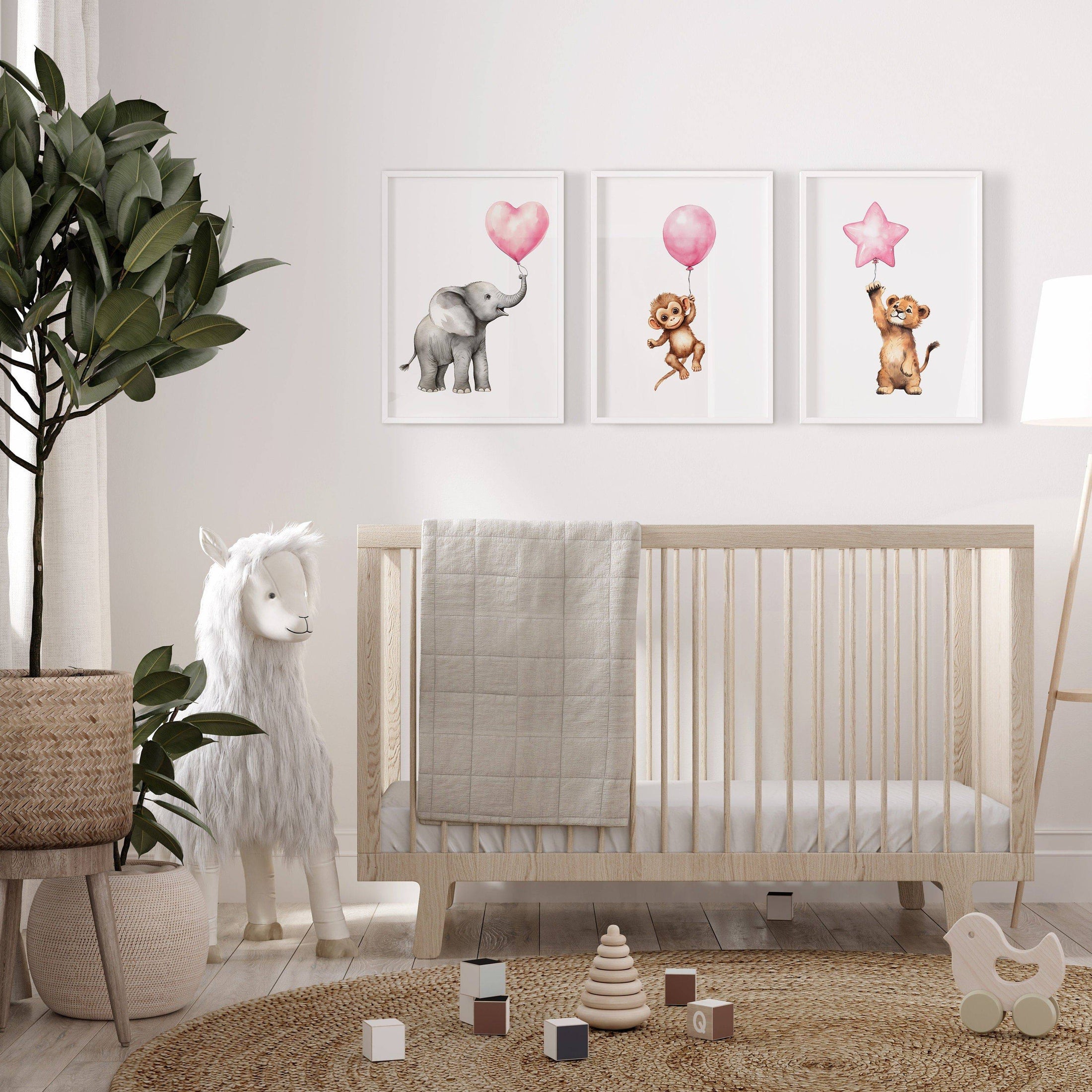 Safari Animal Nursery Prints | Set of 3 | Pink Balloon Wall Art for Baby Girl's Bedroom - RoseRowanDesign