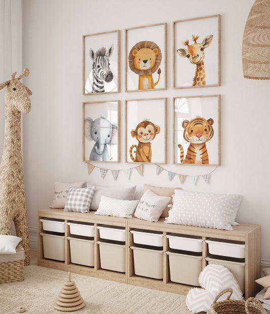 Safari Animal Nursery Prints | Set of 6 | Gender-Neutral Jungle Wall Art for Baby’s Room - RoseRowanDesign