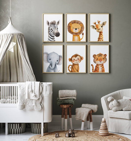 Safari Animal Nursery Prints | Set of 6 | Gender-Neutral Jungle Wall Art for Baby’s Room - RoseRowanDesign