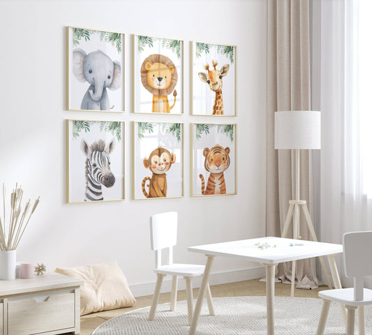 Safari Animal Nursery Prints | Set of 6 | Gender-Neutral Jungle Wall Art for Baby’s Room - RoseRowanDesign