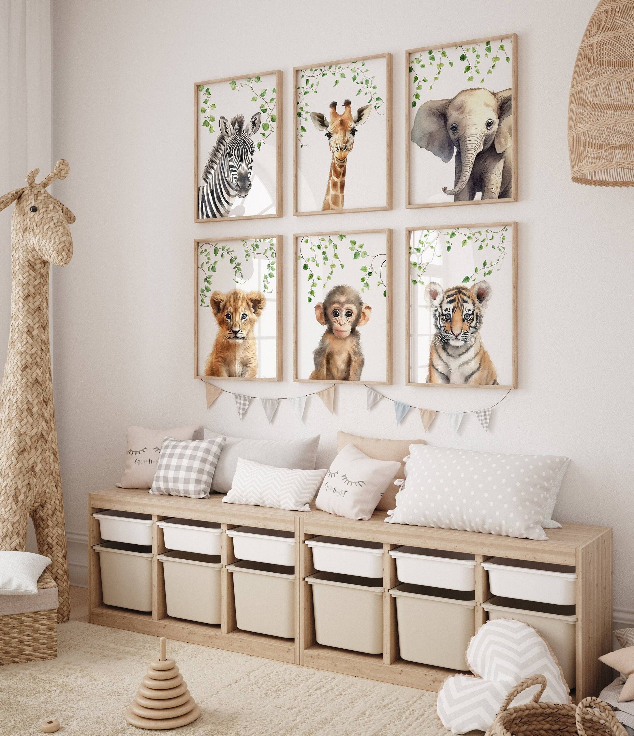 Safari Animal Nursery Prints | Set of 6 | Jungle Theme Wall Art for Baby's Room - RoseRowanDesign