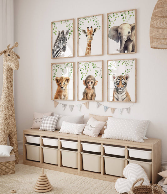 Safari Animal Nursery Prints | Set of 6 | Jungle Theme Wall Art for Baby's Room - RoseRowanDesign