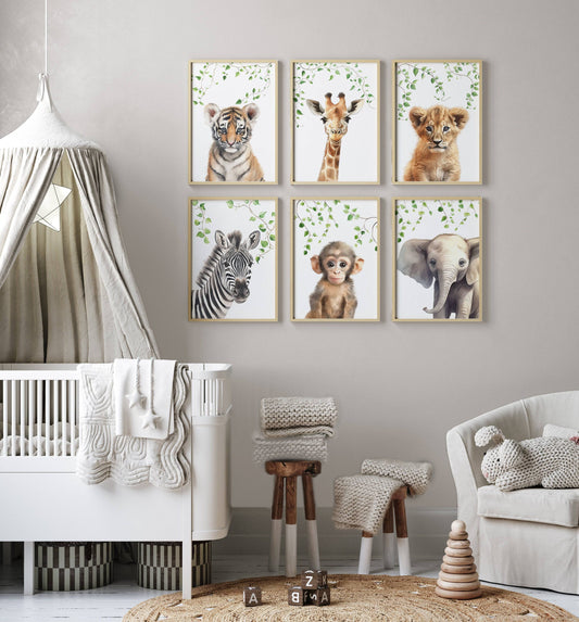 Safari Animal Nursery Prints | Set of 6 | Jungle Theme Wall Art for Baby's Room - RoseRowanDesign