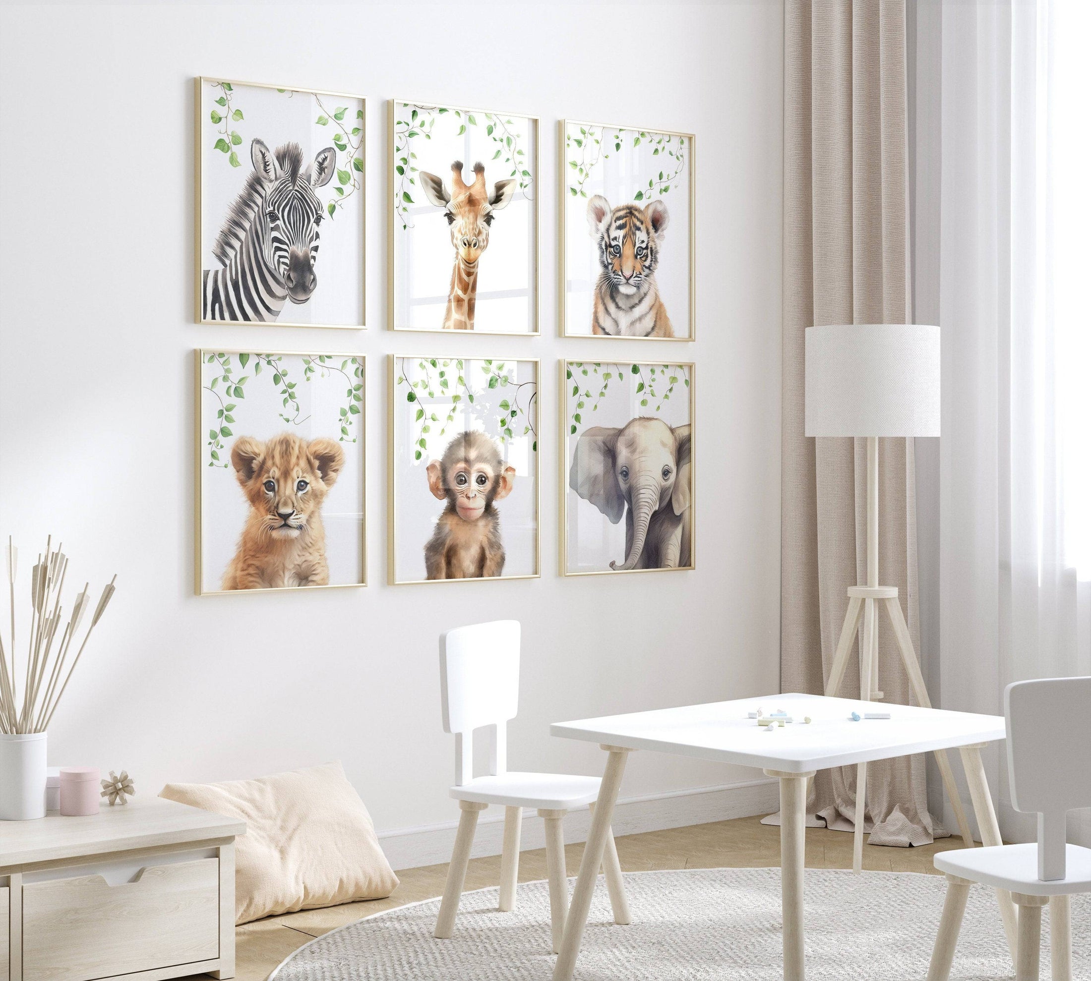 Safari Animal Nursery Prints | Set of 6 | Jungle Theme Wall Art for Baby's Room - RoseRowanDesign
