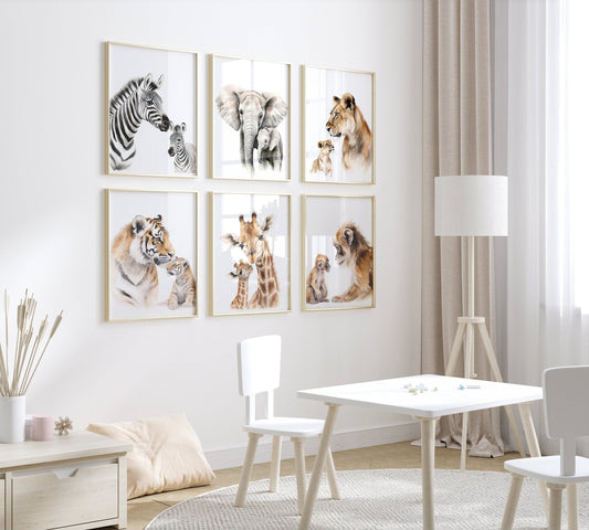 Safari Animal Nursery Prints | Set of 6 | Jungle Theme Wall Art for Gender-Neutral Kids' Room - RoseRowanDesign