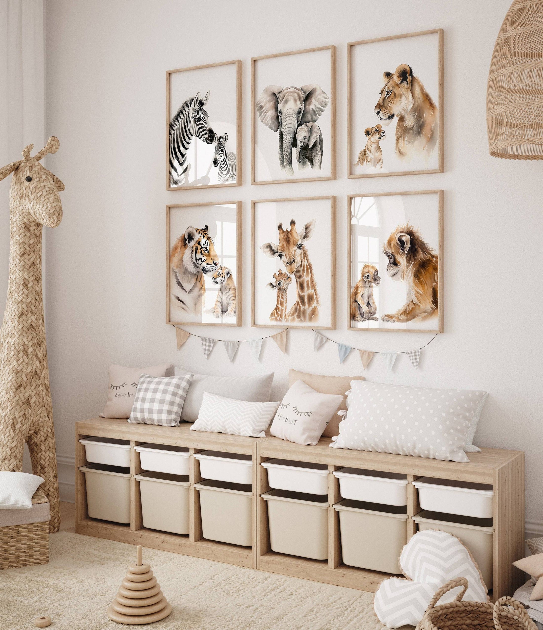 Safari Animal Nursery Prints | Set of 6 | Jungle Theme Wall Art for Gender-Neutral Kids' Room - RoseRowanDesign